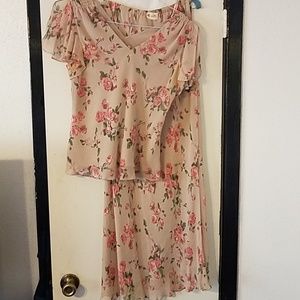 Nude with pink Roses silk top and skirt